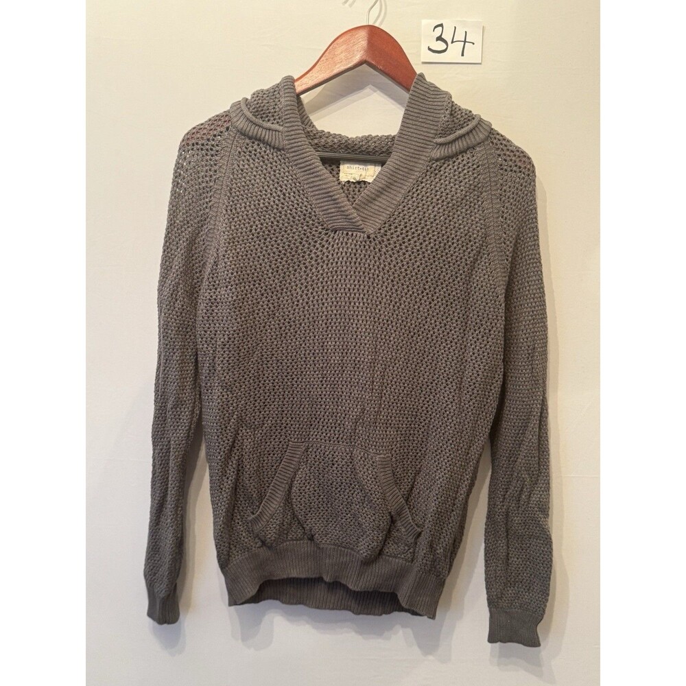 Shirt 469 Womens L Gray Linen Cotton Open Knit Hoodie Sweater Pullover Boho